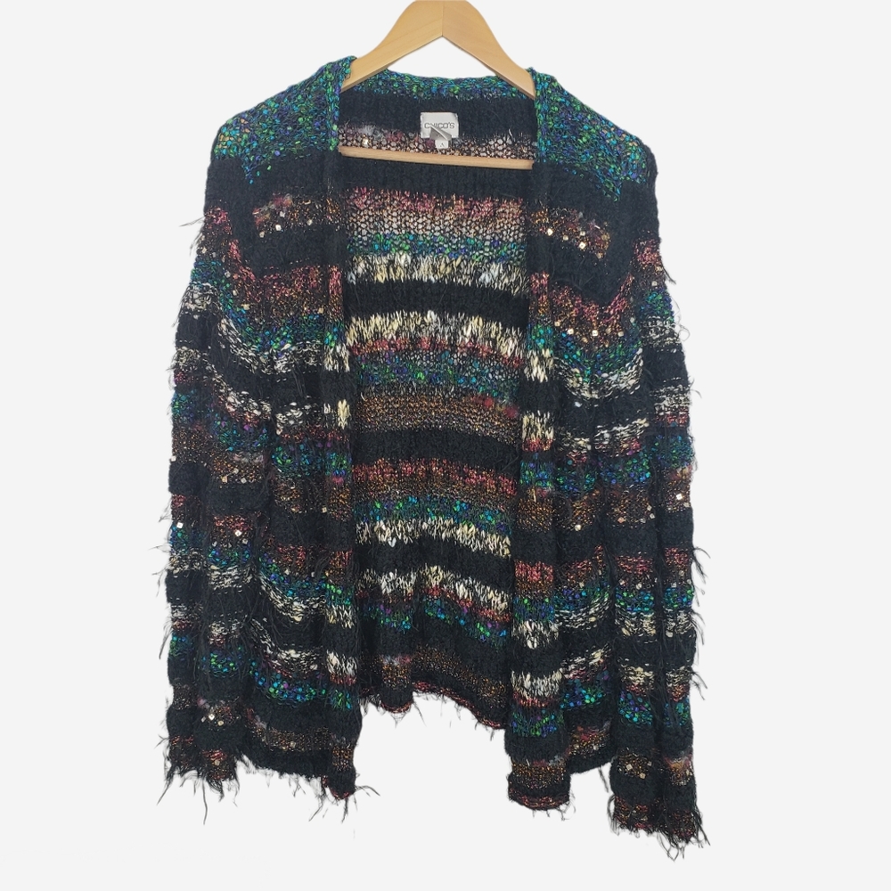 Chicos Multicolor Striped Eyelash Sequin Cardigan